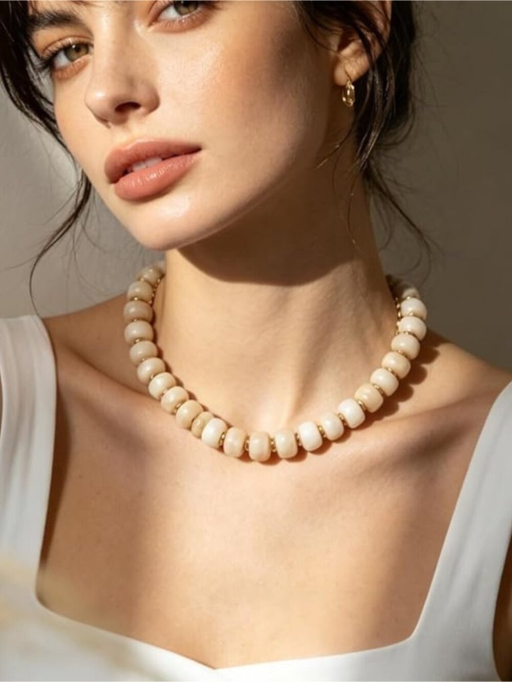 Cream Shell Tone Beaded Necklace with Gold Accents